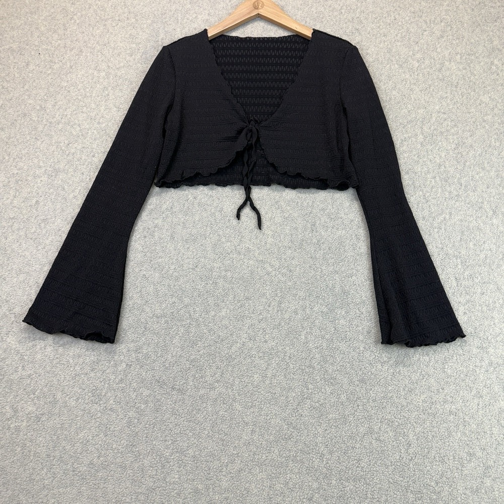 Cider Women's Sheer Textured Tie-Front Crop Cardigan Black Long Sleeve M